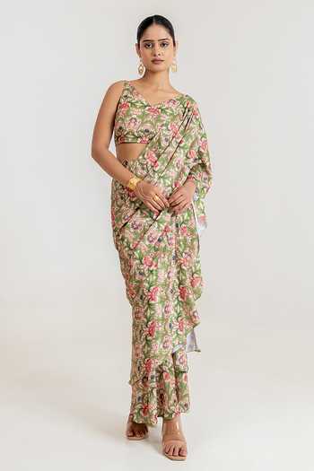 Pasha India_Green Satin V-neck Tiered Printed Pre-draped Saree And Blouse Set _Online_at_Aza_Fashions