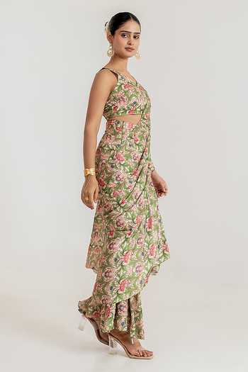 Shop_Pasha India_Green Satin V-neck Tiered Printed Pre-draped Saree And Blouse Set _at_Aza_Fashions