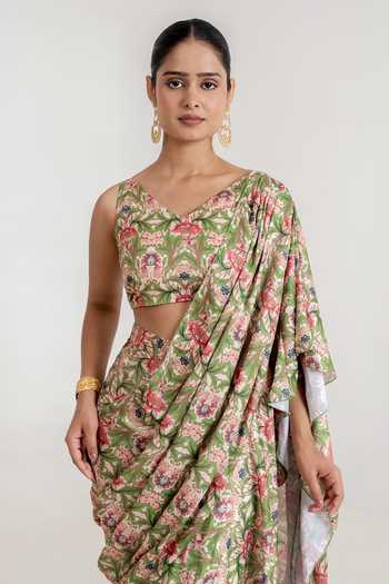 Pasha India_Green Satin V-neck Tiered Printed Pre-draped Saree And Blouse Set _at_Aza_Fashions