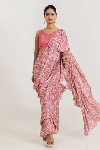 Buy_Pasha India_Pink Satin V-neck Floral Print Pre-draped Saree With Blouse _at_Aza_Fashions