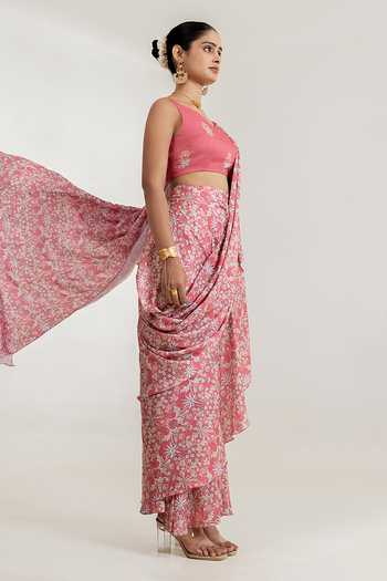 Shop_Pasha India_Pink Satin V-neck Floral Print Pre-draped Saree With Blouse _Online_at_Aza_Fashions