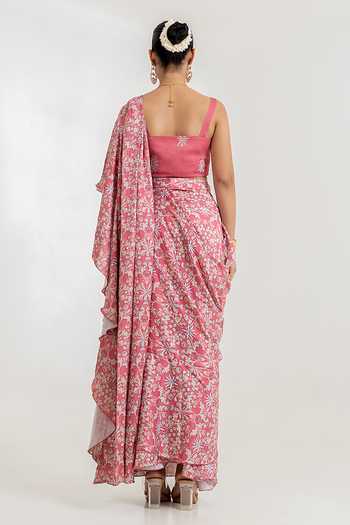 Shop_Pasha India_Pink Satin V-neck Floral Print Pre-draped Saree With Blouse _at_Aza_Fashions
