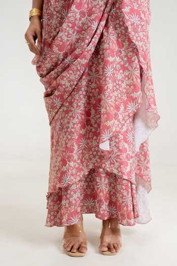 Pasha India_Pink Satin V-neck Floral Print Pre-draped Saree With Blouse _at_Aza_Fashions
