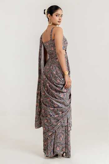 Shop_Pasha India_Black Satin V-neck Botanical Print Draped Saree With Blouse _at_Aza_Fashions