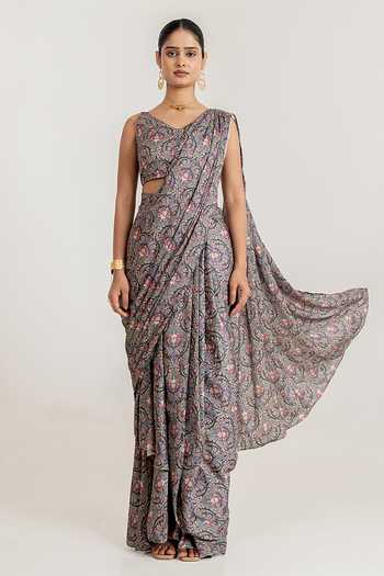 Buy_Pasha India_Black Satin V-neck Botanical Print Draped Saree With Blouse _at_Aza_Fashions