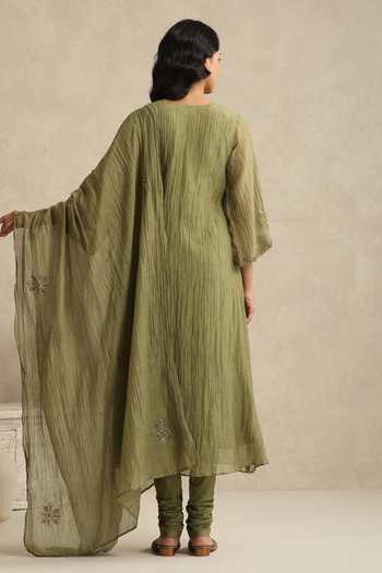 Shop_Weaver Story_Olive Green Chanderi V-neck, Yes Placement Embroidered Kurta Set _at_Aza_Fashions