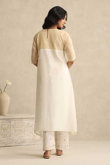 Shop_Weaver Story_Off White Chanderi Round Neck, Yes Kurta And Embroidered Pant Set _at_Aza_Fashions
