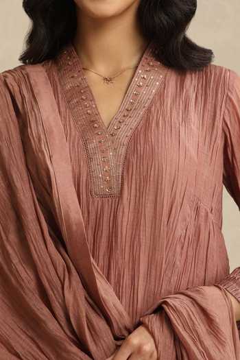 Buy_Weaver Story_Pink Chanderi Split V-neck Handloom Mul Kurta Set 