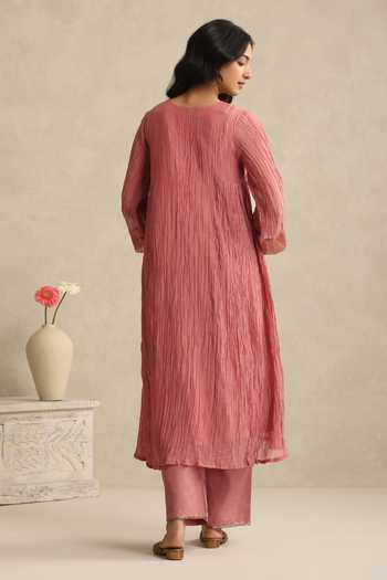 Shop_Weaver Story_Pink Chanderi Split V-neck Old Rose Kurta And Pant Set _at_Aza_Fashions