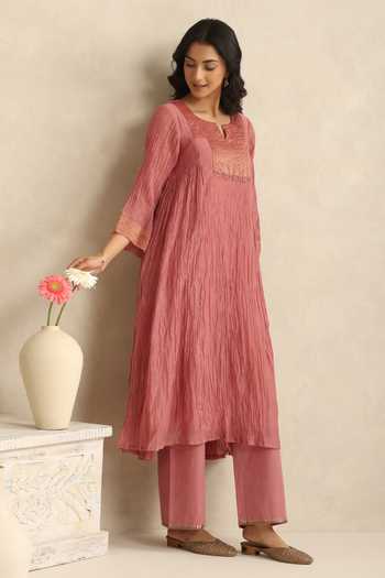 Weaver Story_Pink Chanderi Split V-neck Old Rose Kurta And Pant Set _Online_at_Aza_Fashions