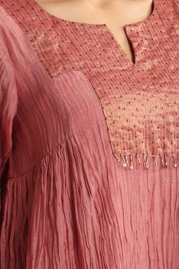 Weaver Story_Pink Chanderi Split V-neck Old Rose Kurta And Pant Set _at_Aza_Fashions
