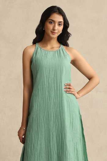 Buy_Weaver Story_Green Chanderi Halter Neck, Yes Handloom Sleeveless Kurta And Pant Set _Online_at_Aza_Fashions
