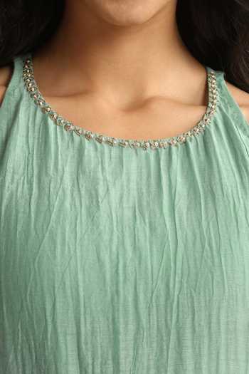 Shop_Weaver Story_Green Chanderi Halter Neck, Yes Handloom Sleeveless Kurta And Pant Set _Online_at_Aza_Fashions