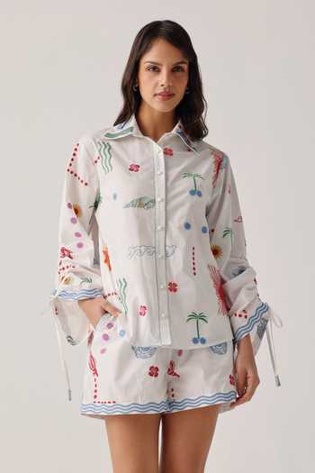 Buy_NOIB_White Poplin Embroidery Collared Thais Shirt _at_Aza_Fashions