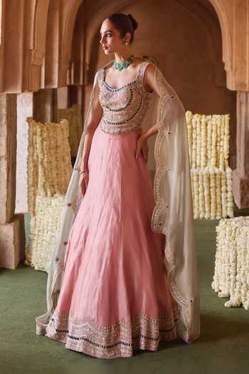 Buy_Charu And Vasundhara_Pink Silk, Net, Taffeta Stones Scoop Neck Tiyara Scallop Embroidered Lehenga Set _at_Aza_Fashions