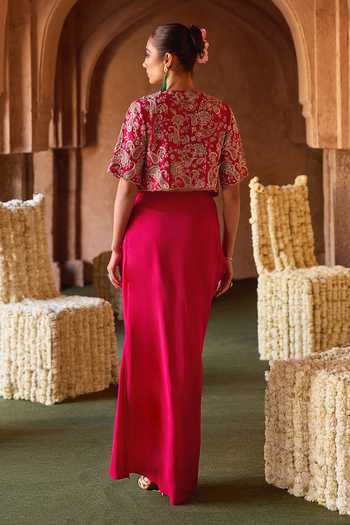Shop_Charu And Vasundhara_Pink Tissue, Taffeta Bandeau Neck, Tavrina Paisley Embroidered Jacket Skirt Set _at_Aza_Fashions