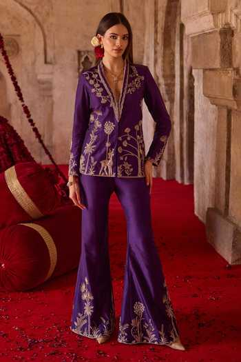Buy_Charu And Vasundhara_Purple Silk, Organza, Tissue, Taffeta Embroidery Tavora Jacket And Palazzo Set _at_Aza_Fashions