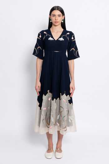 Buy_love, Kiki_Blue Crepe, Silk Organza, Shantoon V-neck Madhya Floral Embroidered Dress _at_Aza_Fashions