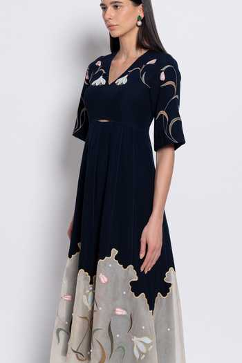 Shop_love, Kiki_Blue Crepe, Silk Organza, Shantoon V-neck Madhya Floral Embroidered Dress _Online_at_Aza_Fashions