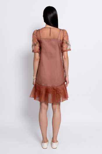 Shop_love, Kiki_Brown Silk Organza, Cotton Satin, Lycra Round Mocha Moonflower Embroidered Dress _at_Aza_Fashions