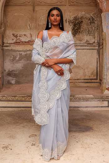 Buy_Charu Makkar_Blue Organza, Silk Ayesha Saree With Unstitched Blouse Piece _at_Aza_Fashions