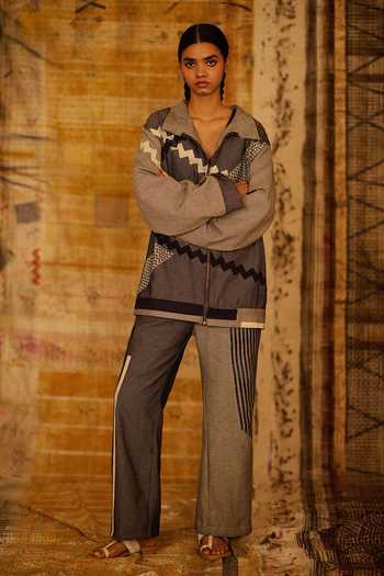 Buy_BANANA labs_Blue Denim Hand Block Print Jacket And Pant Set _at_Aza_Fashions