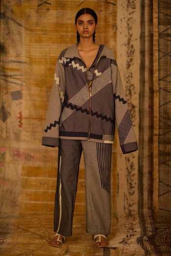 Buy_BANANA labs_Blue Denim Hand Block Print Jacket And Pant Set 