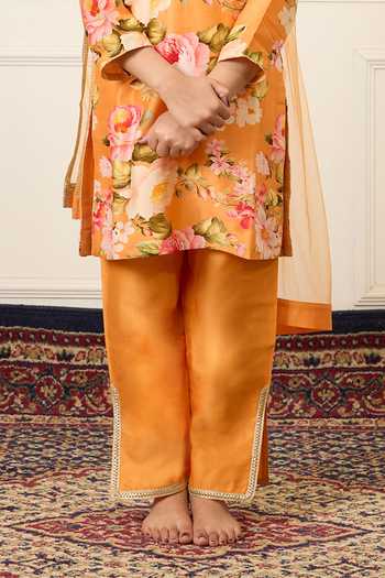 Mamma Plz_Yellow Chanderi Botanical Print Kurta Pant Set _Online_at_Aza_Fashions