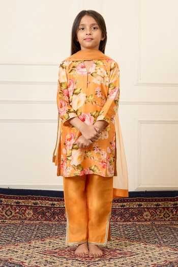 Mamma Plz_Yellow Chanderi Botanical Print Kurta Pant Set _Online