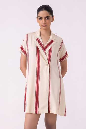 Buy_The Summer House_Red Tencel, Twill V-neck, Collared Amy Striped Blazer Dress _at_Aza_Fashions