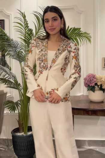 Buy_Onaya_Off White Silk Sequins, Beads, Floral Vine Pattern Jacket Flared Pant Set _at_Aza_Fashions