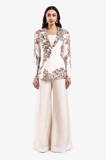 Shop_Onaya_Off White Silk Sequins, Beads, Floral Vine Pattern Jacket Flared Pant Set _Online