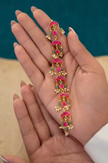 Shop_Do Taara_Pink Crescent Kundan Braid _at_Aza_Fashions