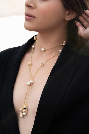 Buy_Do Taara_Gold Plated Layered Tassel Pearl Necklace _at_Aza_Fashions