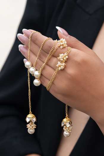 Shop_Do Taara_Gold Plated Layered Tassel Pearl Necklace _at_Aza_Fashions