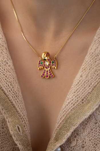 Shop_Do Taara_Red Kundan Studded Bird Pendant Necklace _Online_at_Aza_Fashions