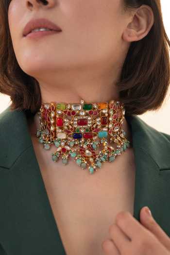 Buy_Do Taara_Multi Color Navrattan Kundan Choker Necklace _at_Aza_Fashions