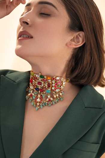 Do Taara_Multi Color Navrattan Kundan Choker Necklace _Online_at_Aza_Fashions