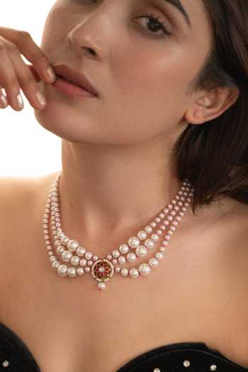 Buy_Do Taara_Red Three Layered Pearl Necklace _at_Aza_Fashions