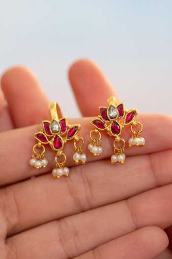 Shop_Do Taara_Red Kundan Pair Of Ear Cuffs _at_Aza_Fashions
