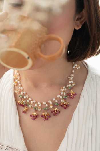 Do Taara_Pink Pearl And Kundan Work Necklace _Online_at_Aza_Fashions