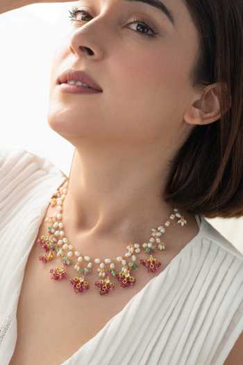 Buy_Do Taara_Pink Pearl And Kundan Work Necklace _at_Aza_Fashions