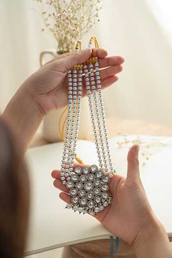 Shop_Do Taara_Silver Plated Pearl And Floral Placed Polki Necklace _at_Aza_Fashions