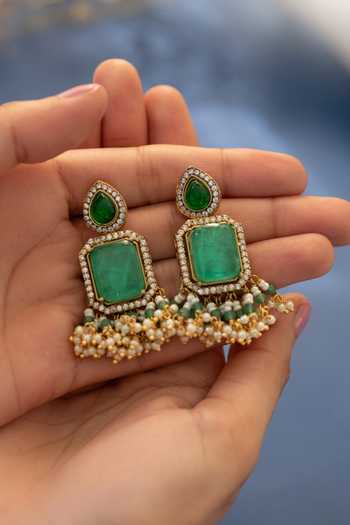 Shop_Do Taara_Green Doublet Stone Studded Drop Earrings _at_Aza_Fashions