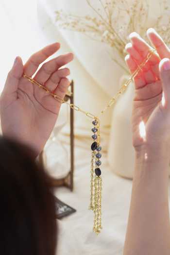 Shop_Do Taara_Blue Dangling Pearl Tassel Necklace _at_Aza_Fashions