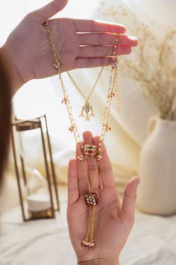 Shop_Do Taara_Red Kundan Layered Trinkets Necklace _at_Aza_Fashions