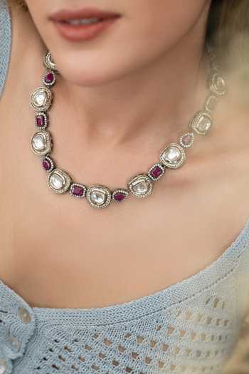 Shop_Do Taara_Pink Polki And Zircon Studded Necklace _Online_at_Aza_Fashions