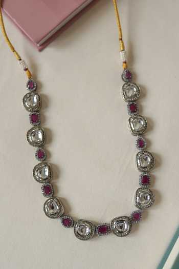 Shop_Do Taara_Pink Polki And Zircon Studded Necklace _at_Aza_Fashions