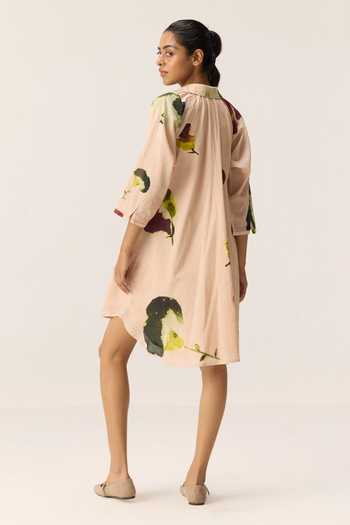 Shop_Kharakapas_Peach Muslin (mulmul) Collared Blush Tide Print Dress _at_Aza_Fashions