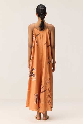 Shop_Kharakapas_Orange Muslin (mulmul) V-neck Flame Leaves Print Mul Dress _at_Aza_Fashions